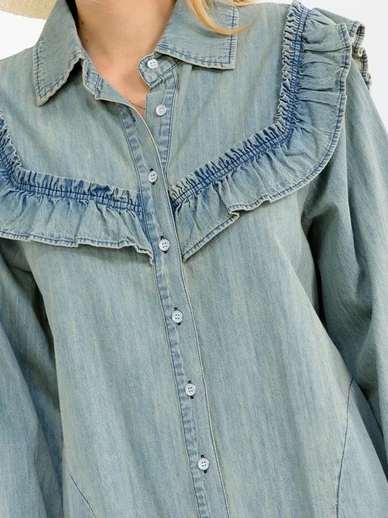 119 • Western CowGirl Denim Ruffle Shirt Dress | Washed Distressed Denim Dress - Picture 3 of 5